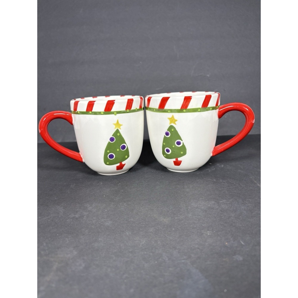 Pier 1 Christmas Tree Mugs Set of 2 Candy Cane Stripe Ironstone Holiday